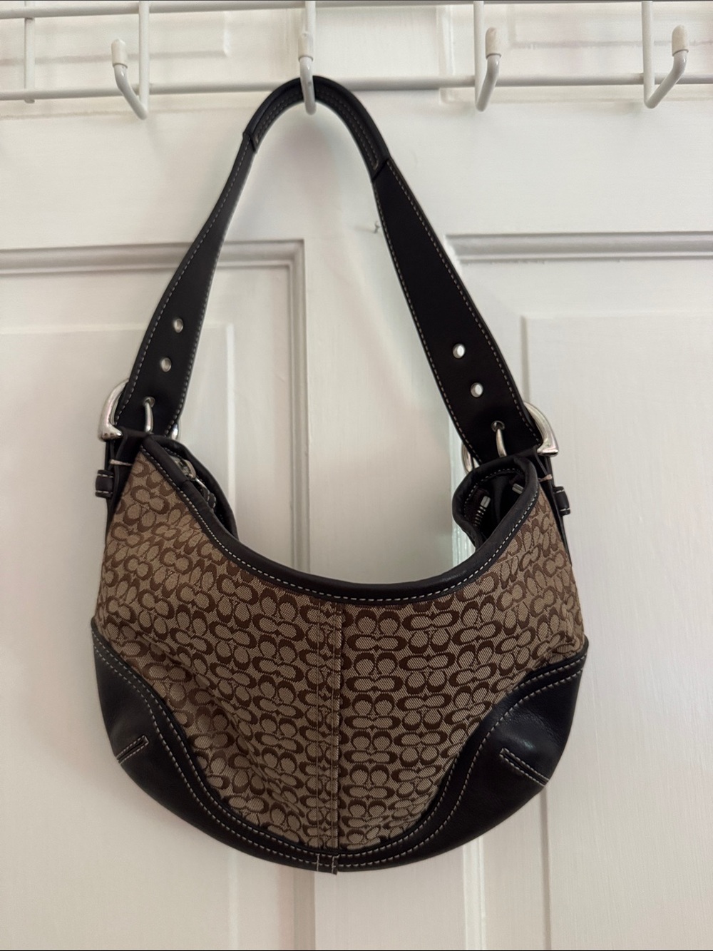 Coach Brown Signature Canvas Shoulder Bag with dark brown Leather Trim
